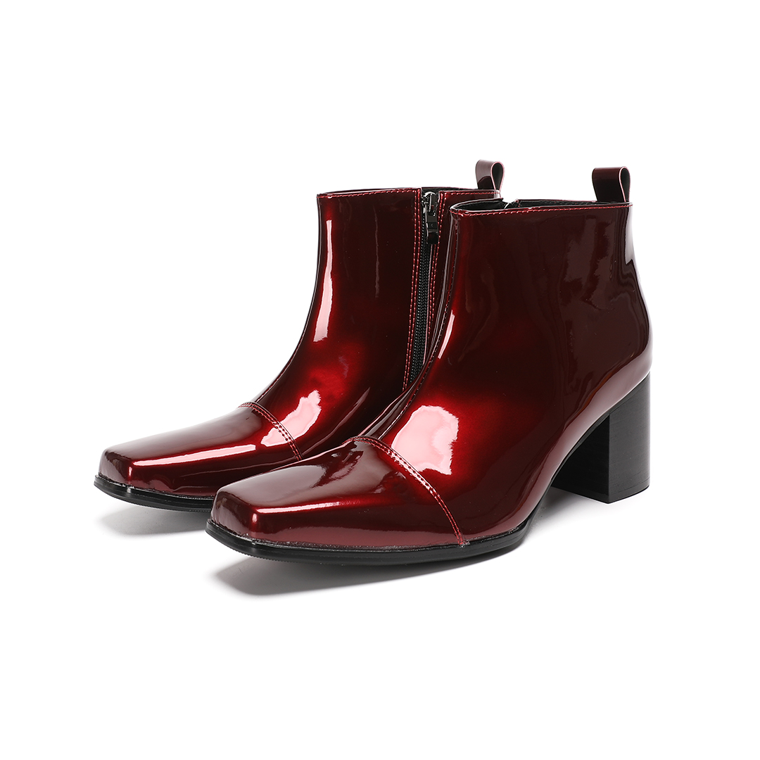 Block Heel Ankle Boots - Male Red Genuine Leather High Heel