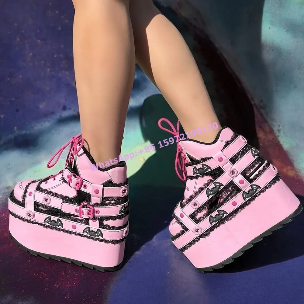 Lace Black Pink Belt Bat Boots - Women Shoes Size Chart 评论和价格