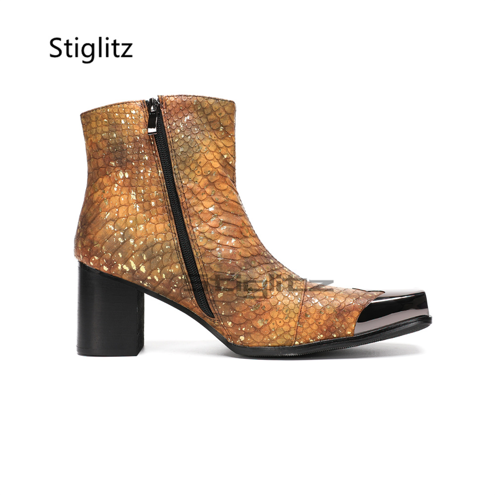 Golden Brown Snake Print Ankle - Block Heel Ankle Boots 评论和价格