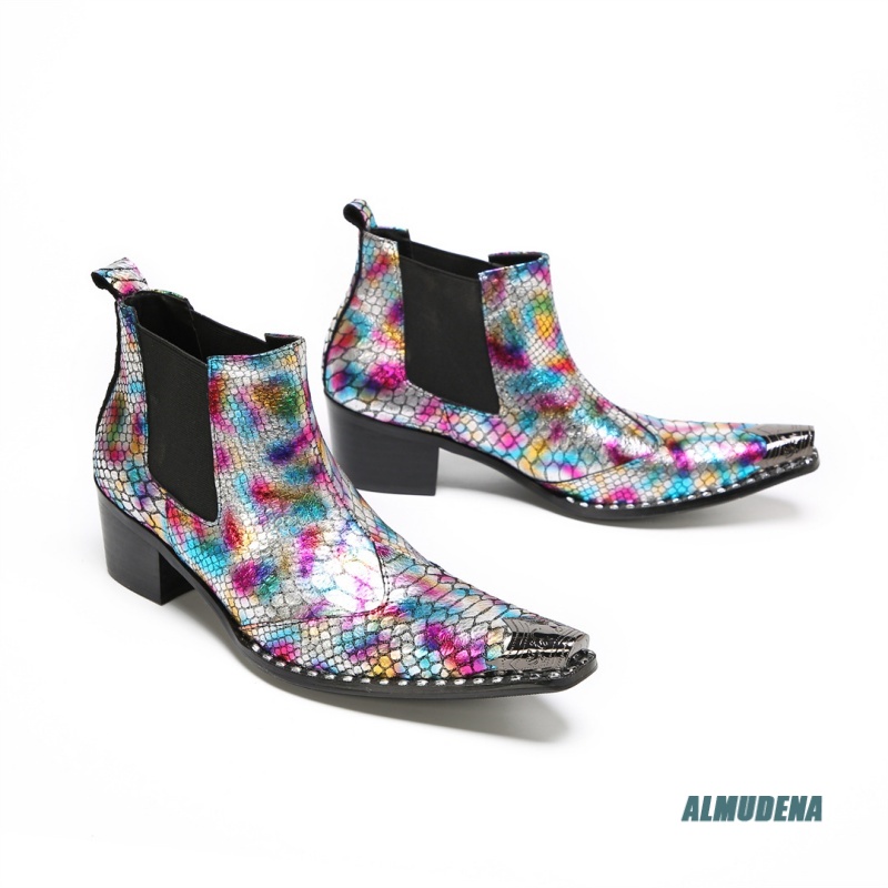 Multicolor Metallic Snake Prin - Block Heel Ankle Boots 评论和价格