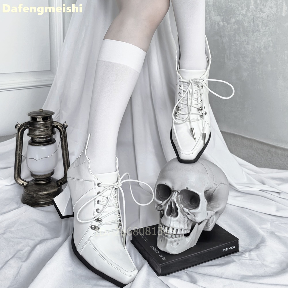 White Leather Square Toe Ankle - Block Heel Ankle Boots 评论和价格